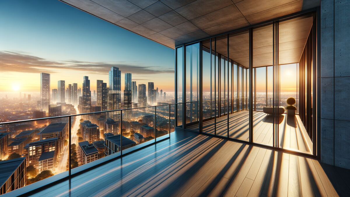A glass-walled interior looking out across a city skyline in morning light