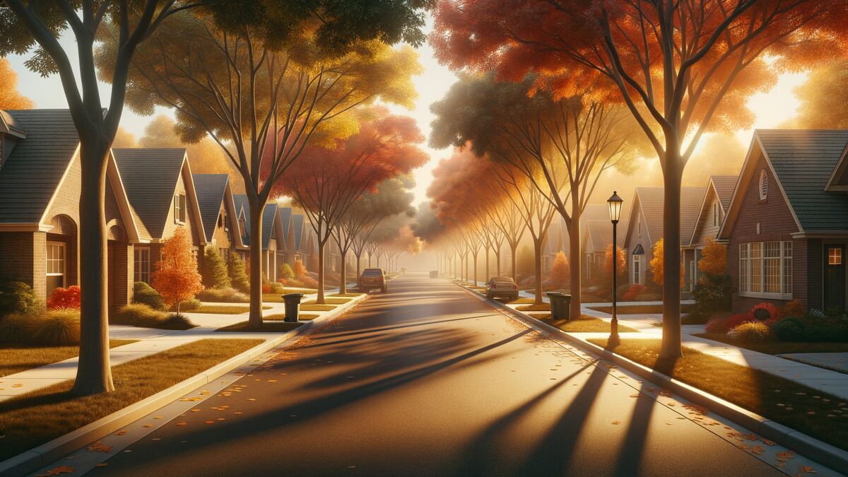A quiet suburban street lined with mature trees in low afternoon sun
