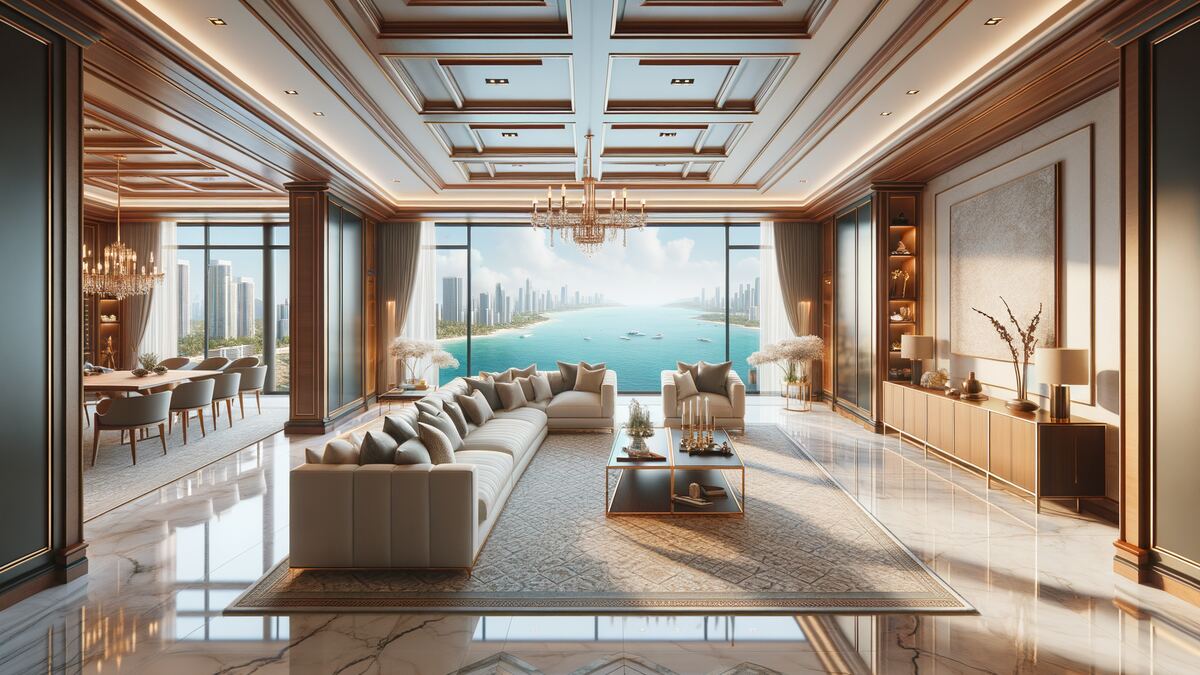 A wide living room with pale seating opening onto a balcony above the sea