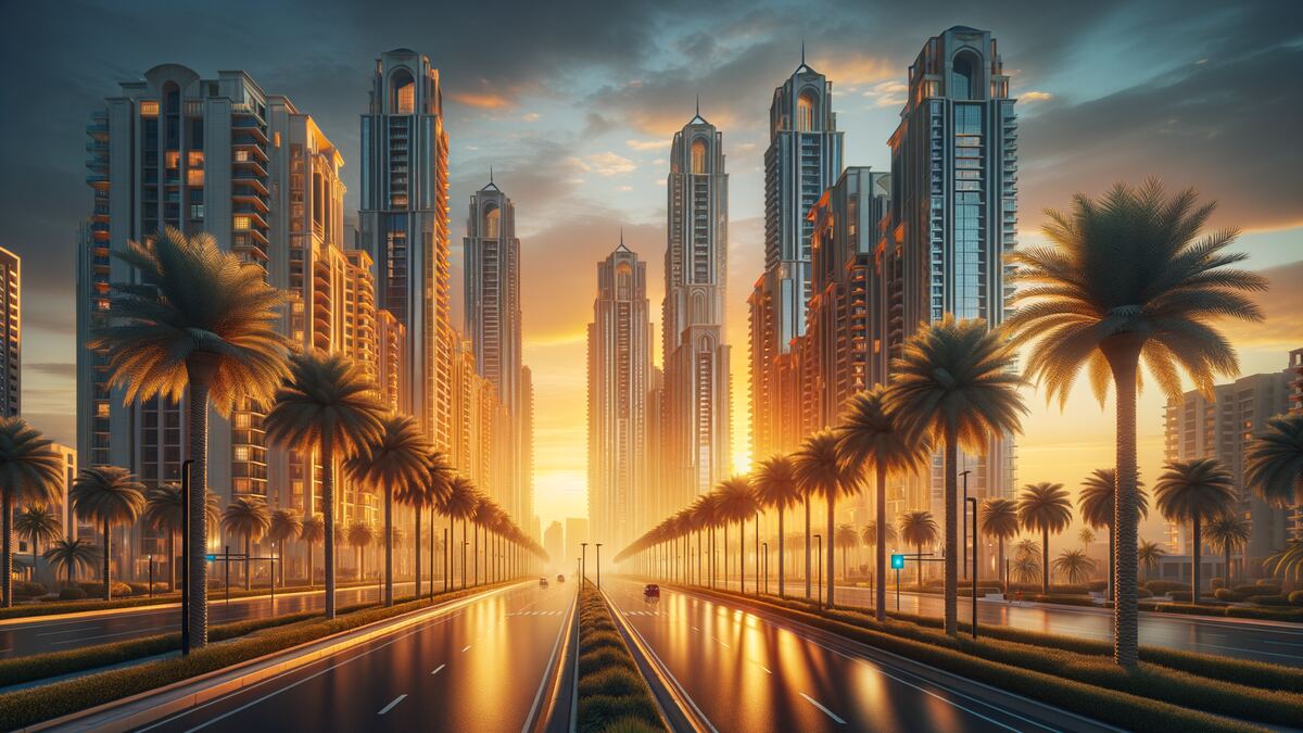 A palm-lined boulevard flanked by high-rise towers at dusk