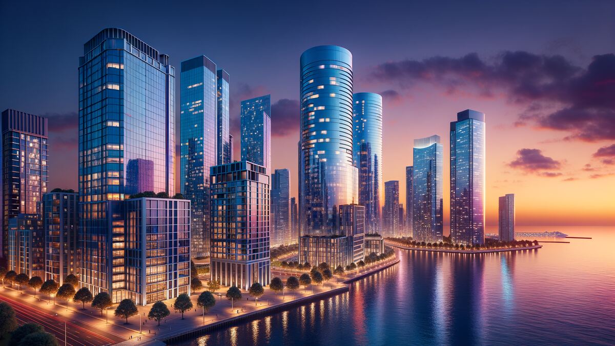 Glass residential towers lit at night above a waterfront promenade