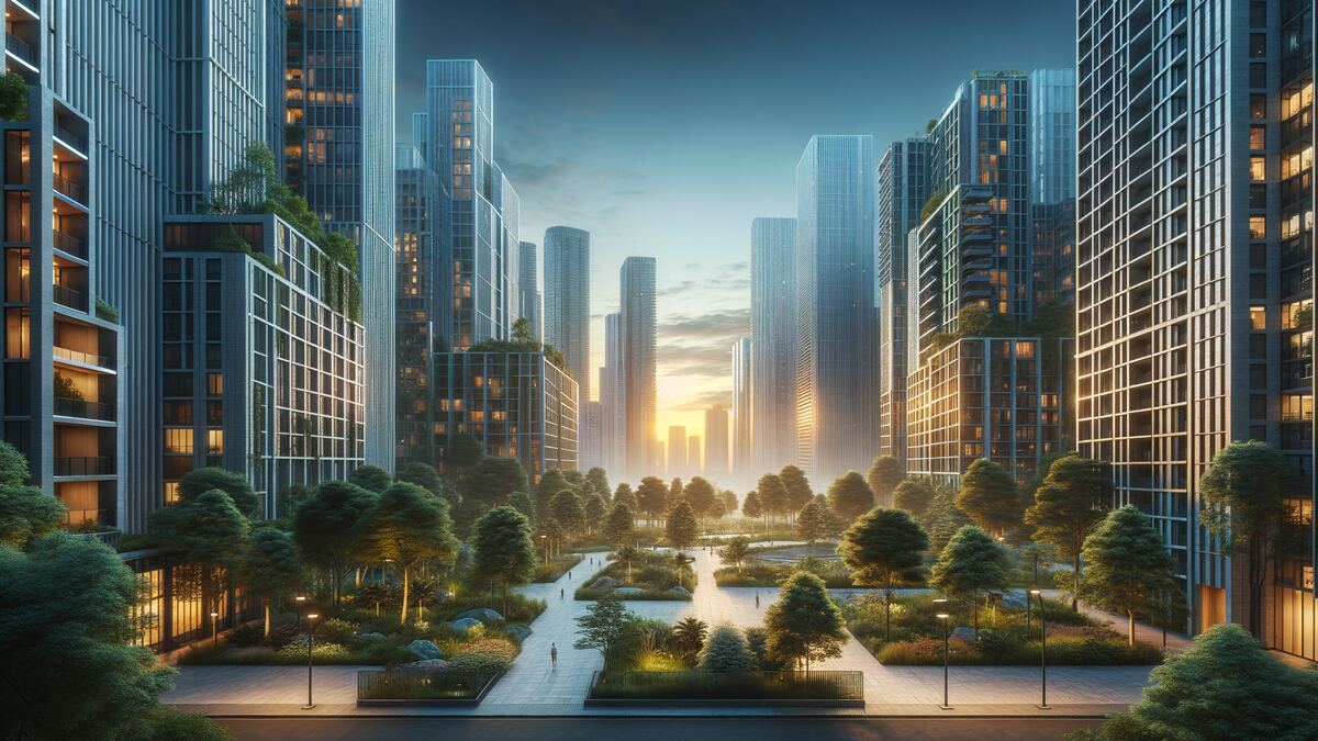 Mid-rise apartment blocks among trees in a planned city district
